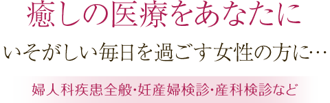 癒しの医療をあなたに いそがしい毎日を過ごす女性の方に… 婦人科疾患全般・妊産婦検診・産科検診など